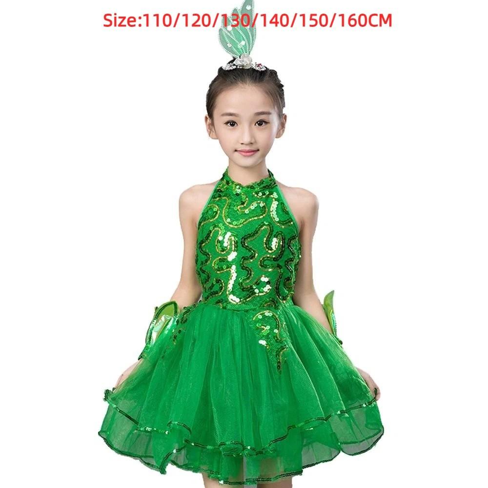 Green Sequin Children Ballet Dance Dress with Headwear Wristband Puffy Dress Kids Girls