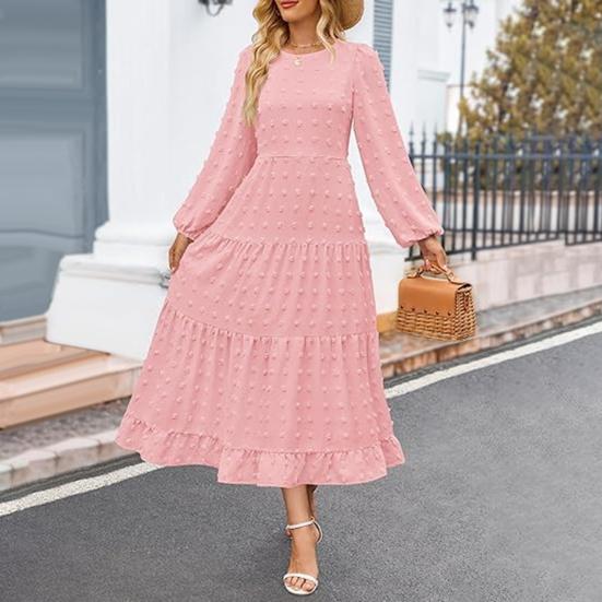 Платье для женщин осень-зима с длинными рукавами-фонариками, А-силуэтом, круглым вырезом, большим подолом, аппликацией в горошек, плиссированное, однотонное, для свиданий, поездок на работу, миди-платье