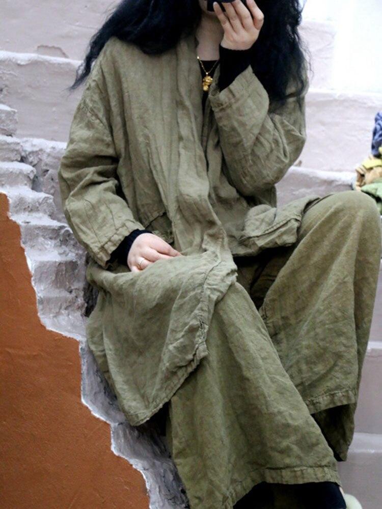 Johnature Women Linen Casual Loose Coats Solid Color Simple Korean Style Long Sleeve Clothes Spring Button Coat