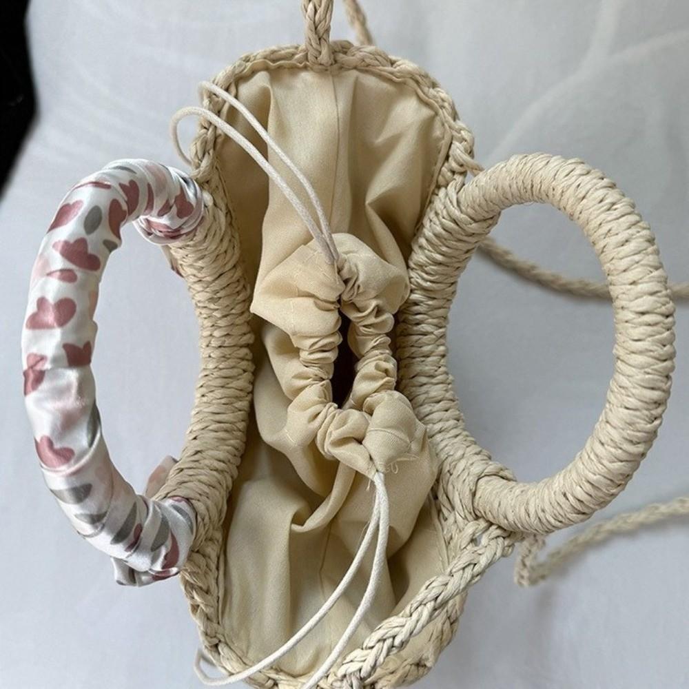 Moon Shaped Beach Straw Bag Flower Knitted Shoulder Bag Handmade Woven Underarm Bag Shopping
