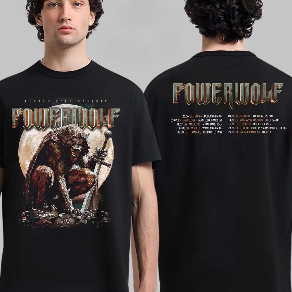 Футболка с графическим принтом Powerwolf Wolf Supermoon 2026 Пауэр-металл Стритвир Повседневный Унисекс Топ Для Фанатов