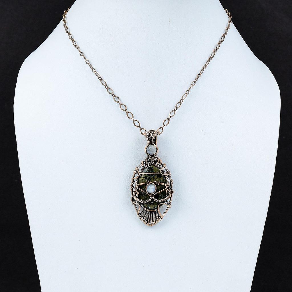 Медный кулон с серафинитом от сглаза, медная проволока, кулон с драгоценным камнем, кулон с радужным лунным камнем, медные украшения ручной работы, подарок на годовщину