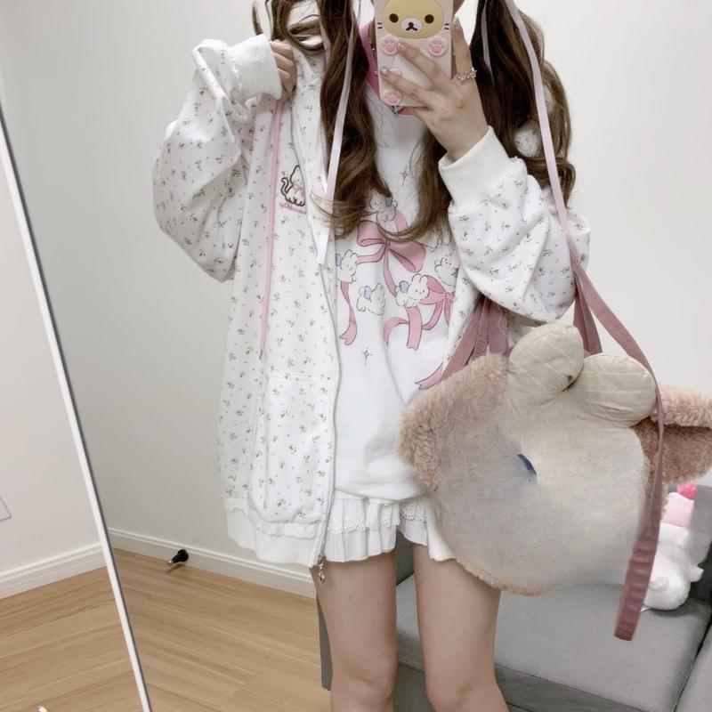 Kawaii Sweet Harajuku Толстовка Женская Японская Мода Кружева Лоскутная Цветочный Принт Кошка Вышивка Толстовка На Молнии С Капюшоном