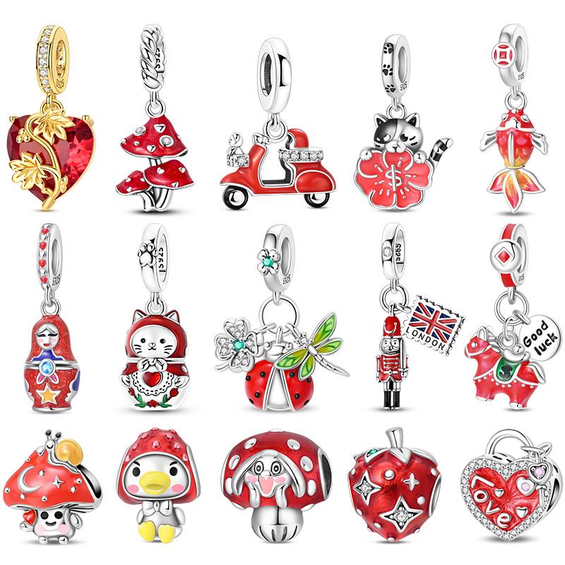 Серебро 925 Пробы Красная Серия Кот Божья Коровка Карп Кои Сердце Формы Шармы Бусины Для Женщин Подходят к Браслету DIY Украшения Подарки