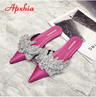 Aphixta Аппликации Кристаллы Шелк Женские Тапочки Мюли Розово-Красный Плоский Каблук Осенние Цветы Заостренный Носок Слайды