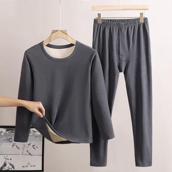 2 Pcs/Set Men Winter Underwear Suit Bottoming Clothes Thick Soft Plush Solid Color Elastic Round Neck Adjustable Waist Long Sleeve Top Pants