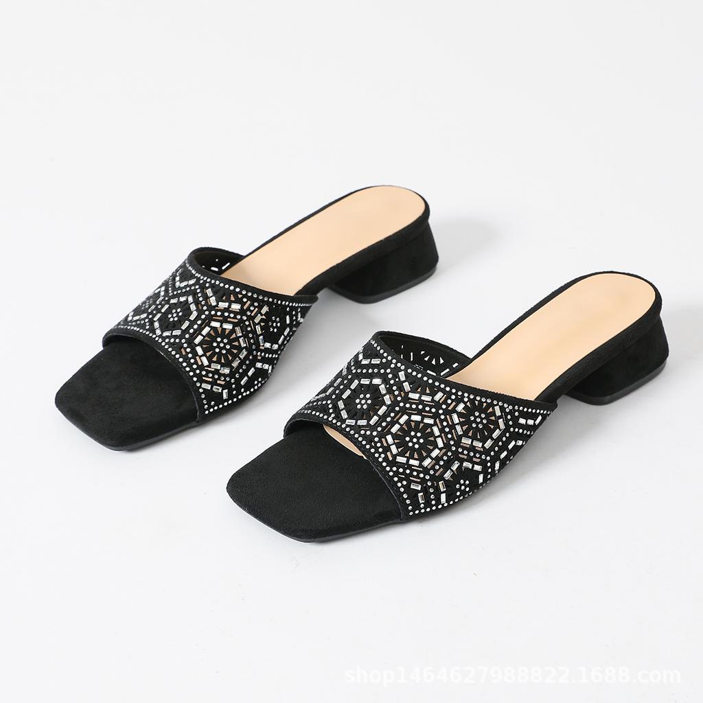 Летняя новая модная обувь с квадратным носком на одной педали, модные универсальные уличные шлепанцы с открытым носком на высоком каблуке