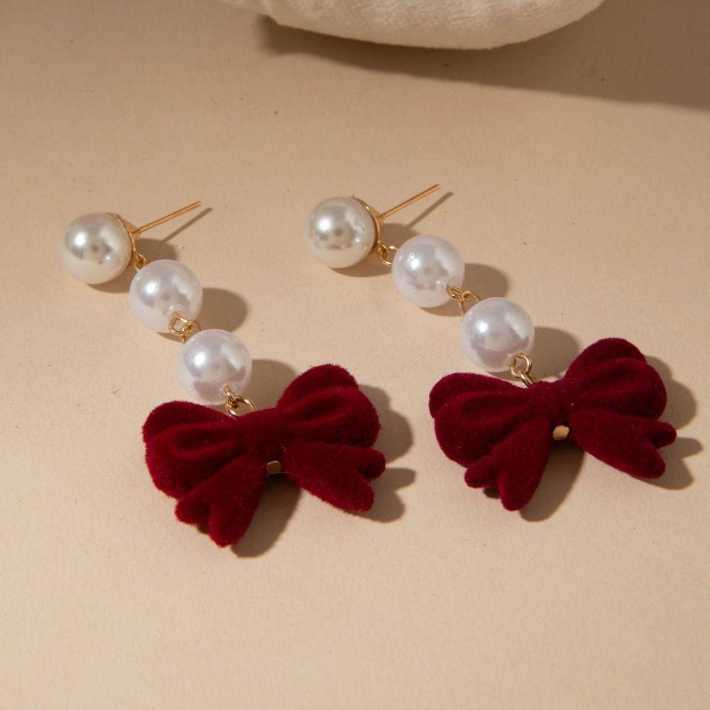 Zinc Zinc Alloy Wine Red Bow Drop Earrings Bowknot New Year Earrings Fashion Red Velvet Bow Earrings Gift