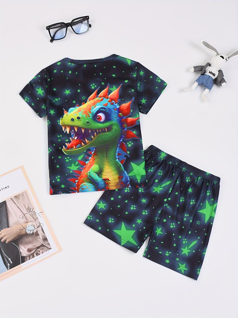 Комплект из двух светящихся в темноте пижам с динозавром для мальчиков: удобная футболка и шорты с круглым вырезом, уютный наряд для сна или игр