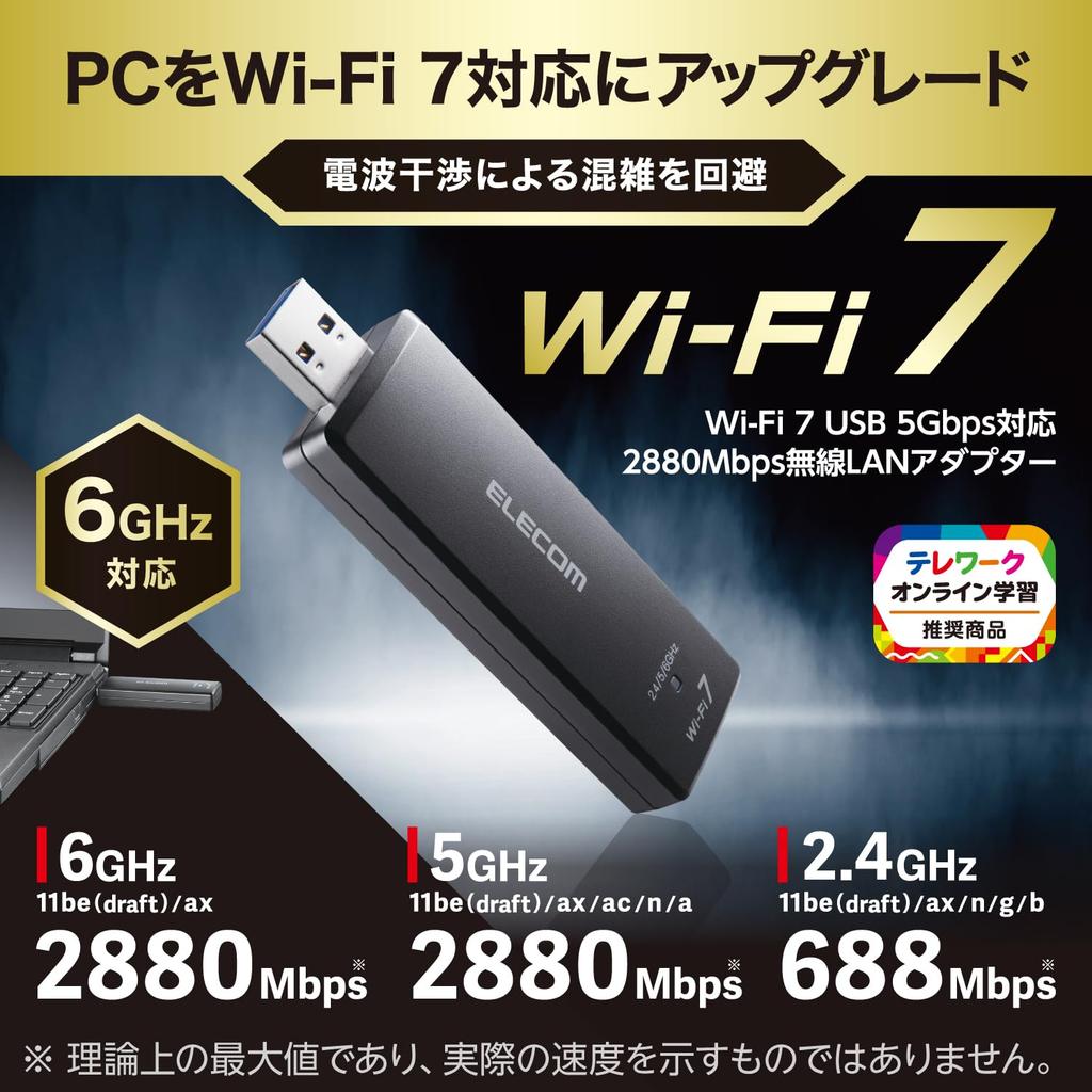 Elecom Wi-Fi7 Wireless LAN Adapter 2880 + 2880 + 688Mbps USB3.0 Compatible WDC-BE28TU3-B