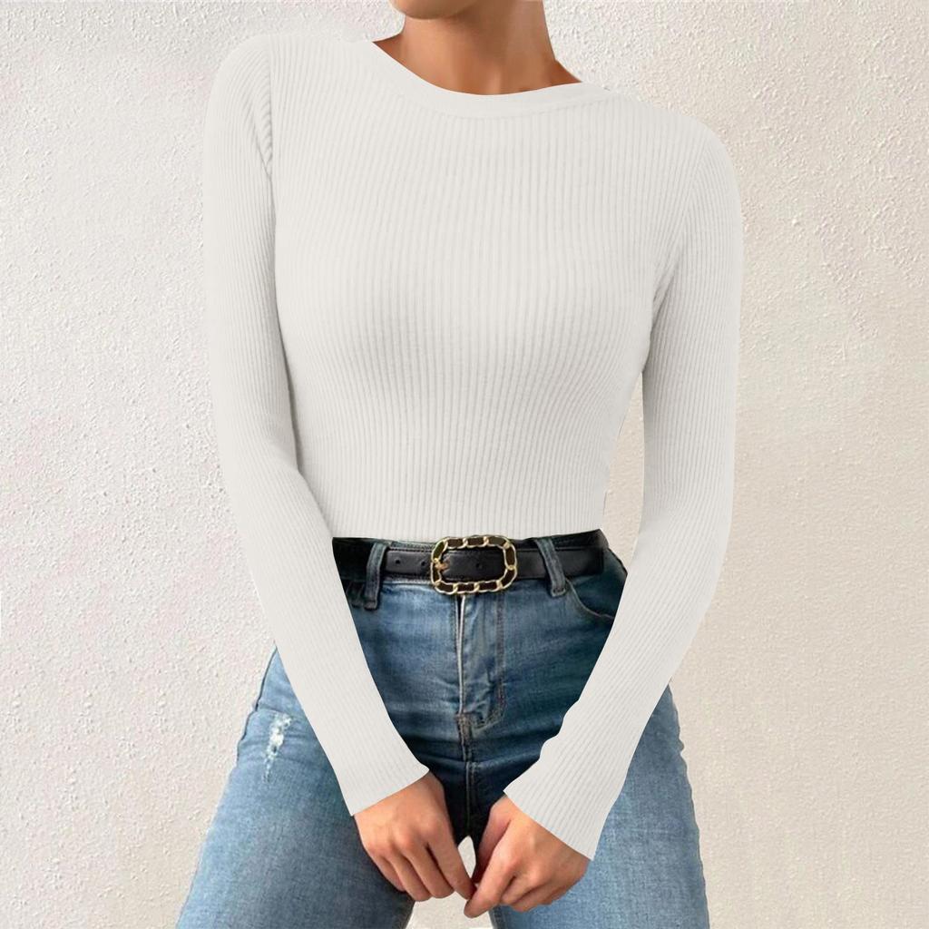 Женская однотонная футболка с круглым вырезом и вертикальными длинными рукавами