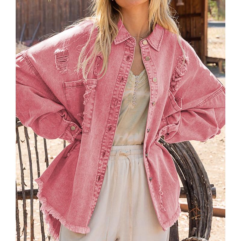Женская джинсовая куртка с рваным отложным воротником, топы с длинными рукавами и карманами, однобортное пальто с кисточками, свободная верхняя одежда