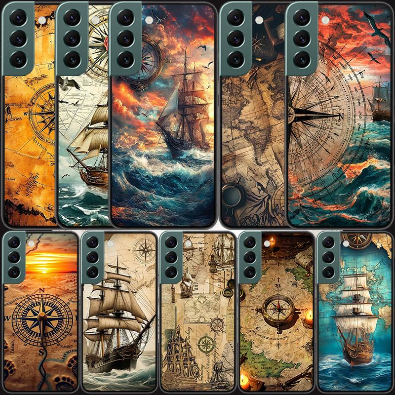 Compass Map Voyage Phone Case For Samsung Galaxy S22 S25 Ultra S21 S10 Plus S26 Edge S20 S23 S24 FE Cover Silicone Soft TPU