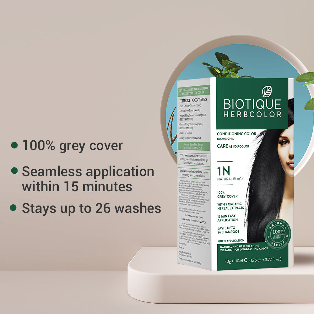 Biotique Herbcolor Безаммиачная краска для волос 50г + 110мл, Натуральный черный 1N, 9 органических растительных экстрактов, Закрашивание седины, 26 смываний