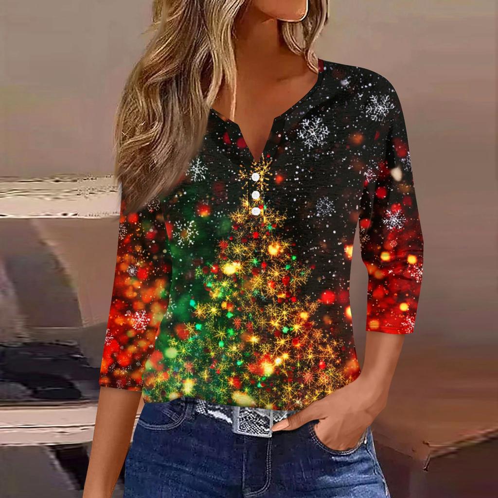Women's Fashionable Casual Christmas Printed V-neck Three-quarter Sleeve Decorated Button Top