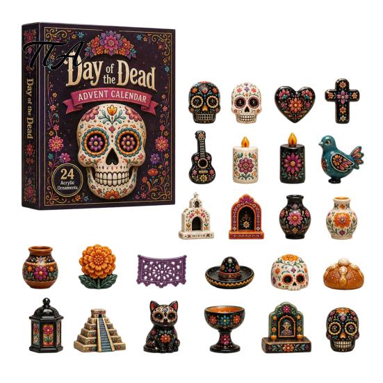Halloween Advent Box Day of The Dead Calendar, 24-Day Acrylic Ornament Set with Mexican Culture Collectible Skull And Marigold Designs, Tree