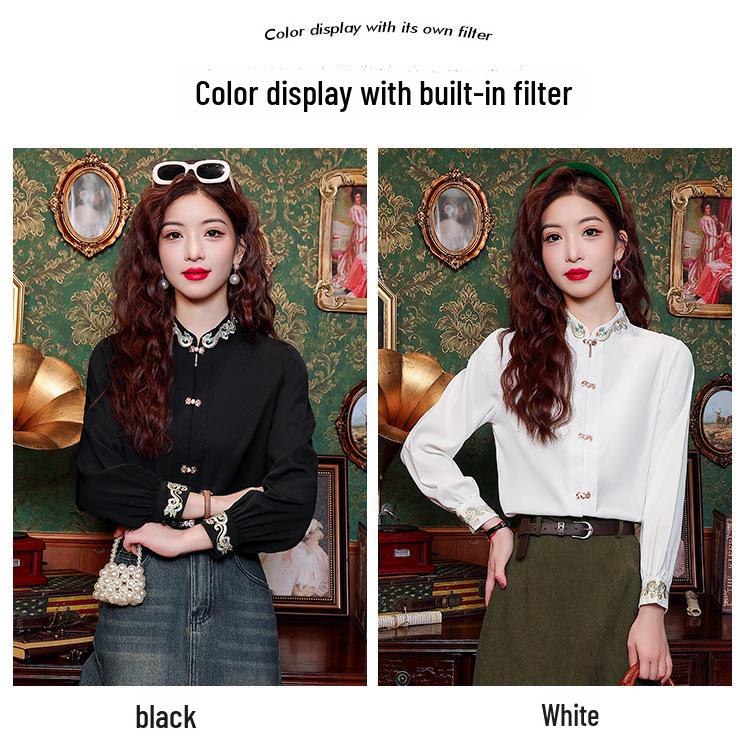 Women's Stand-Up Collar Shirt with Chinese Embroidery, Zen Style Long-Sleeve Top for Spring and Autumn.