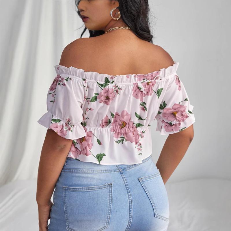 Плюс Размер Женский Сексуальный Воротник Одной Линии Темперамент Цветочный Короткий Рукав Короткий Топ
