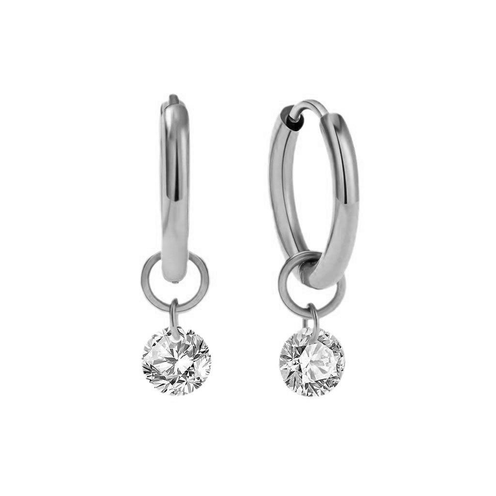 Hip-hop Personality Shiny Teardrop-shaped Zircon Pendant Gold Color Stainless Steel Hoop Earrings for Women Fashion Jewelry Gift