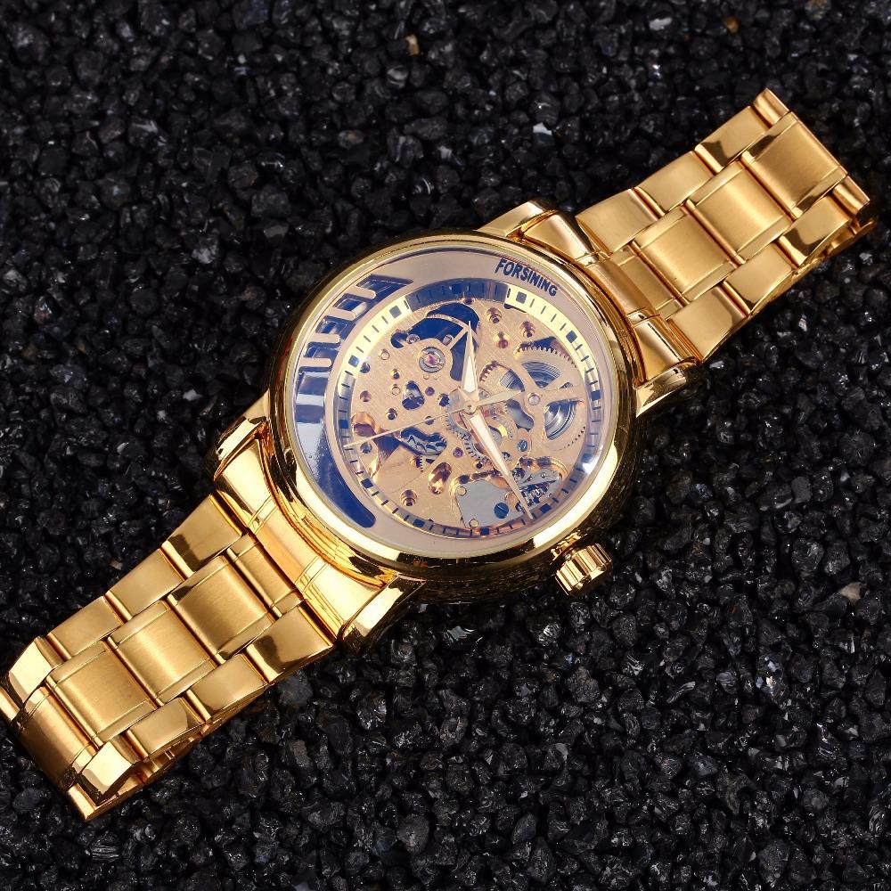 Forsining Механические часы Мужская мода Повседневная стальная полоса Ажурные автоматические механические часы