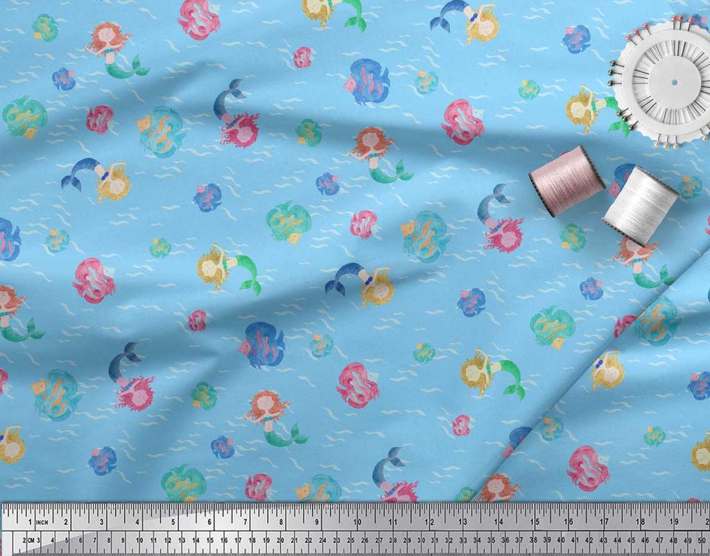 Soimoi Синяя полиэстеровая креповая ткань с принтом «русалка и морская звезда» на метры 42 дюйма