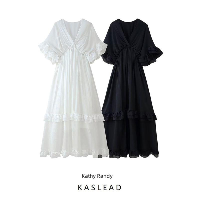 Kaslead New Arrival Women's Clothing Fashion Style Fashion Minimalist Elegant V Neck Two Colors Ruffles Dress