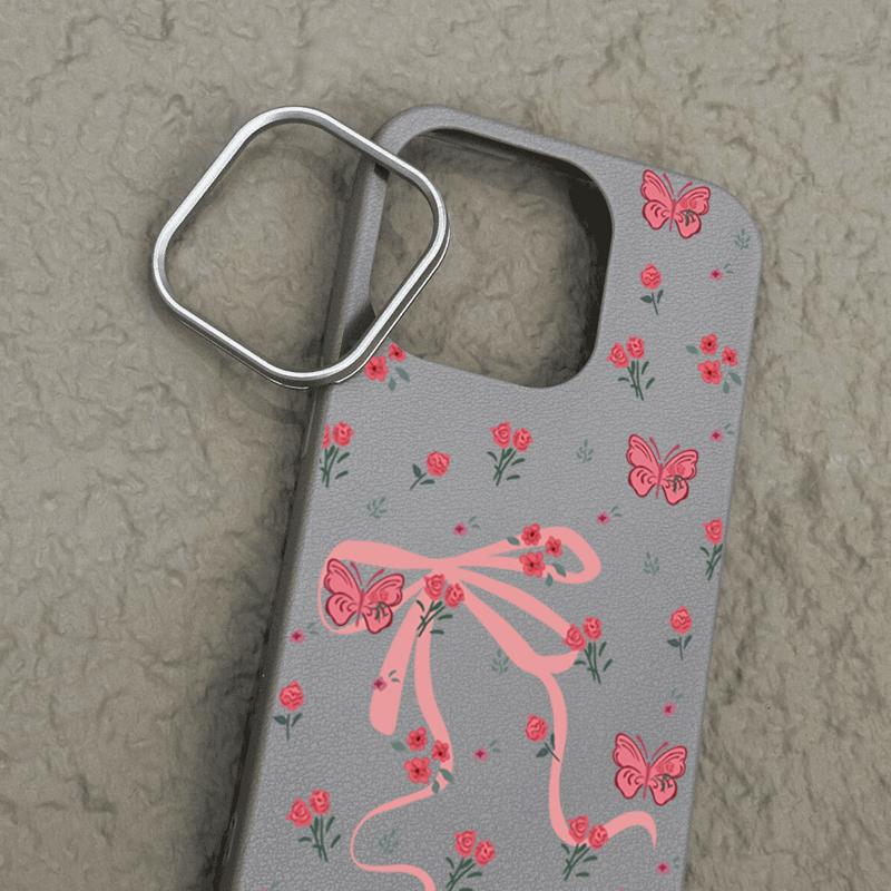 For iPhone 16 15 Pro Max 14 Pro 13 12 11 Case Bowknot Floral Print Slim TPU Leather Texture Soft Matte Shockproof Phone Cover