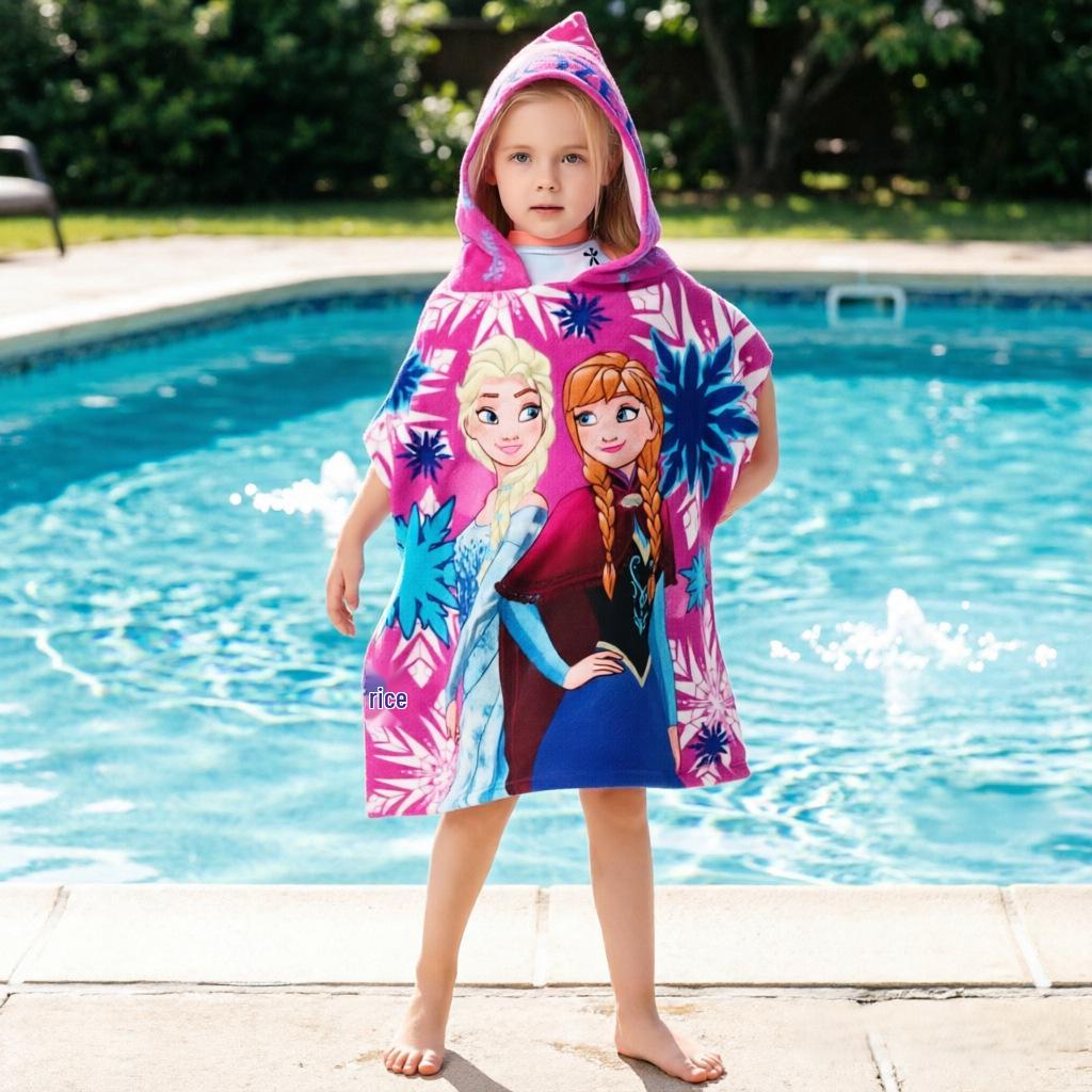 Ultra-Fine Fiber Cartoon Print Kids' Hooded Bath Towel Poncho