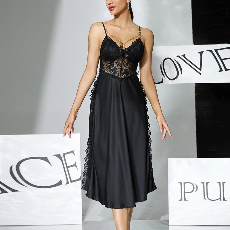 Кружевное Пэчворк Ночное Платье с Высоким Разрезом Встроенный Бюстгальтер Длинная Атласная Майка Женская Удобная Одежда для Дома 979 Поддерживающая Элегантная Одежда для Сна с Выигрышным Дизайном