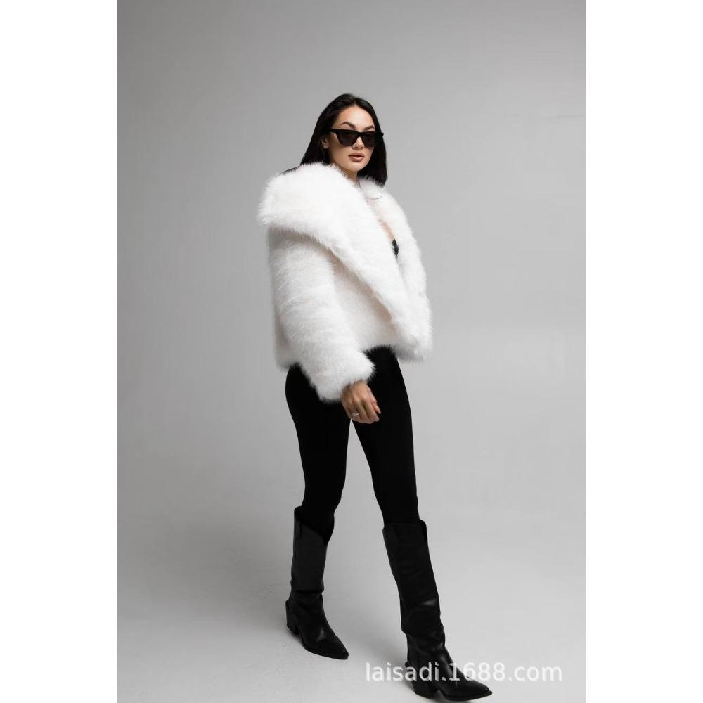 Women's Lapel Long Sleeve Faux Fur Short Coat Loose Sweet Solid Color Warm Winter Furry Outerwear Jacket