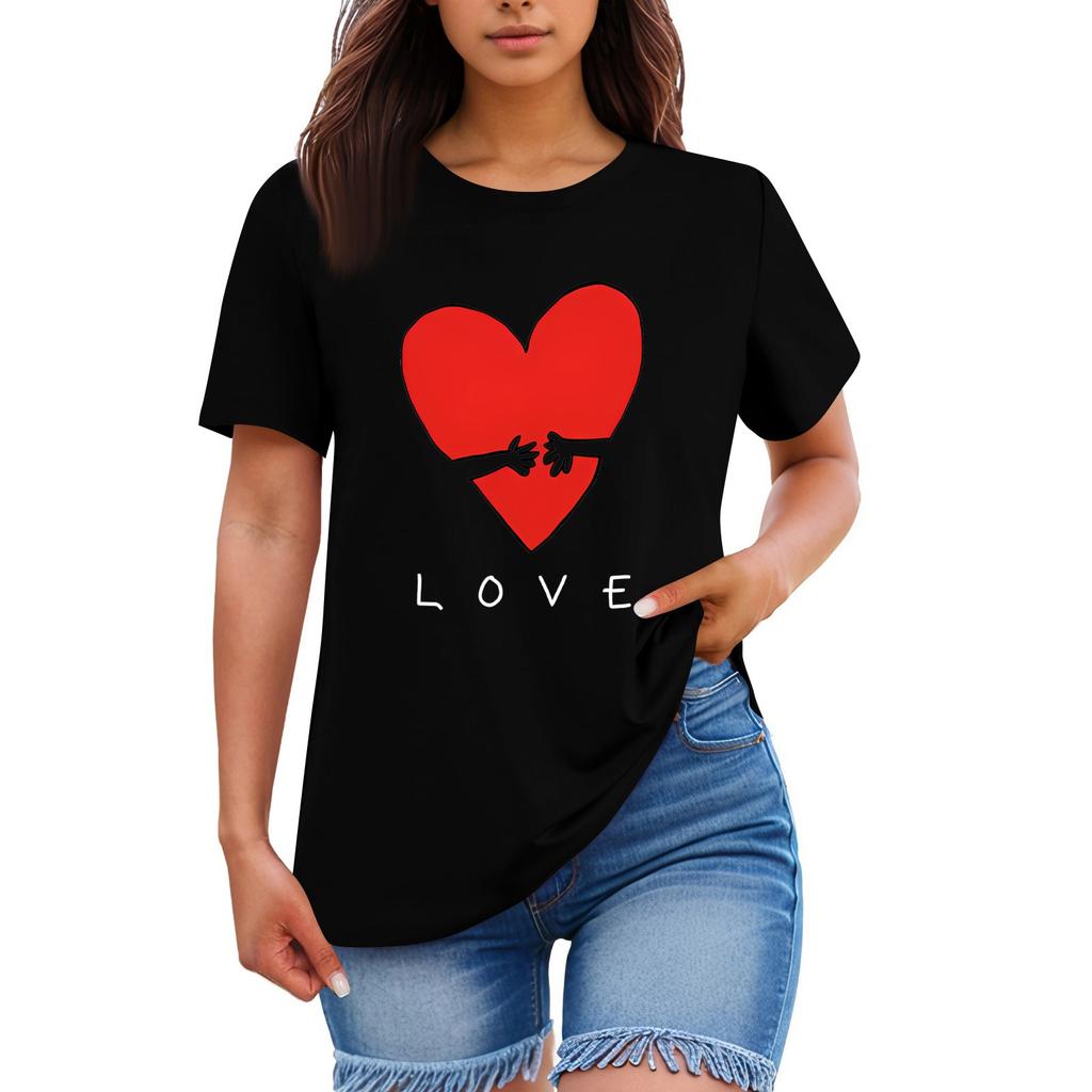 Ladies' Loose Comfortable Casual Fashionable Heart And LOVE Character Pattern Printed Round Neck Short Sleeved Shirt