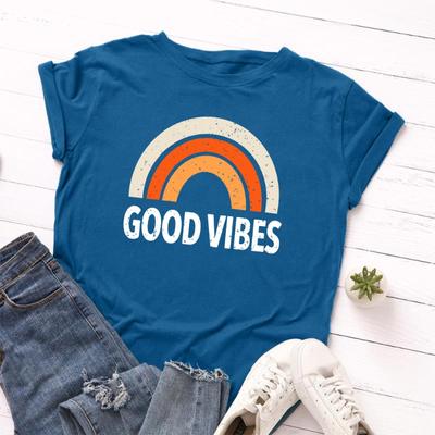 Летние женские футболки свободного покроя из чистого хлопка с принтом GOOD VIBES и круглым вырезом, с короткими рукавами, женские