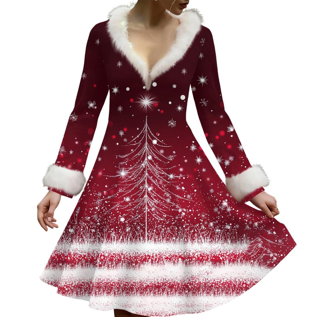 Женское повседневное платье с V-образным вырезом, рождественским принтом, плюшевыми длинными рукавами