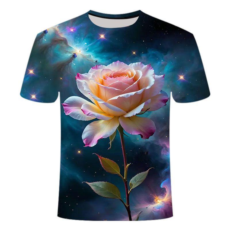 Summer New Beautiful Flower Pattern 3D Printed T-shirt Trendy Fashion and Versatile Short Sleeve for Primary and Secondary School Students