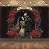 A 2D Design Featuring a Gothic-style Wedding Backdrop, Including a Pair of Skeleton Lovers and Red Roses.