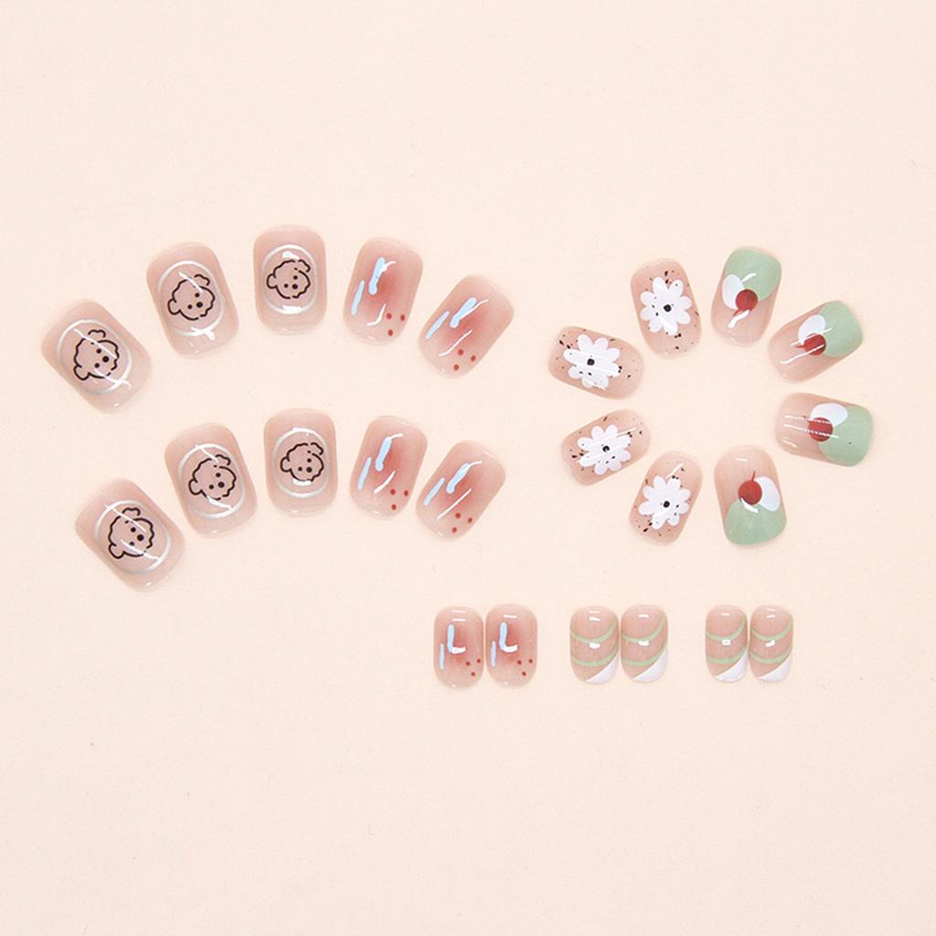 24PCS Blush Fake Nails with Flower Printed Reusable Long Lasting Press on Nails for Working Dating or Partying