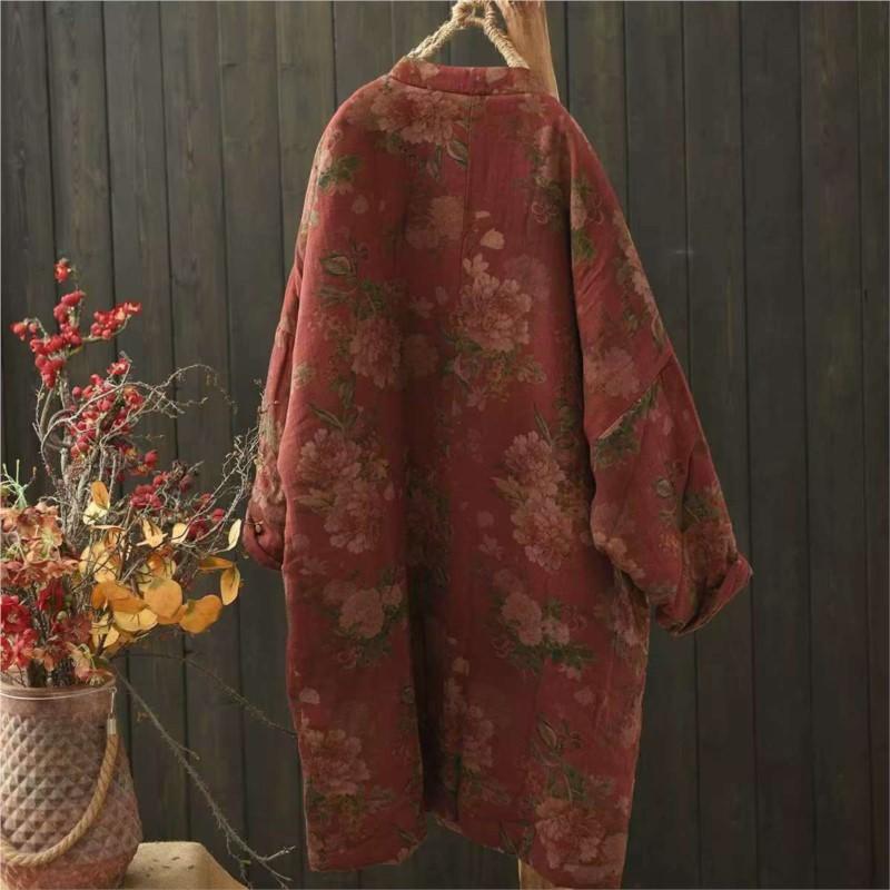 Johnature Woman Winter Vintage Chinese Style Print Long Sleeves Fashion Loose Single Breasted Coats