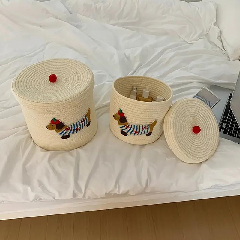 Милая корзина для хранения щенков Плетеная рама из хлопковой веревки Большая вместимость С крышкой Пылезащитное ведро для хранения Настольный пылезащитный
