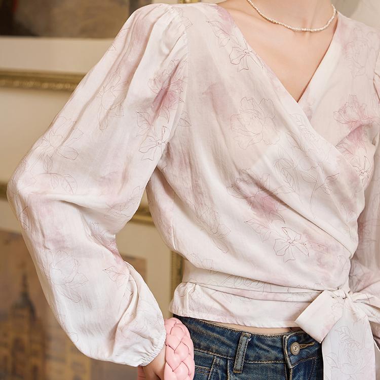 Mishow Рубашка для женщин 2023, осенний винтажный женский пуловер с цветочным принтом во французском стиле, v-образным вырезом и длинными рукавами на шнуровке, MXC41X1281