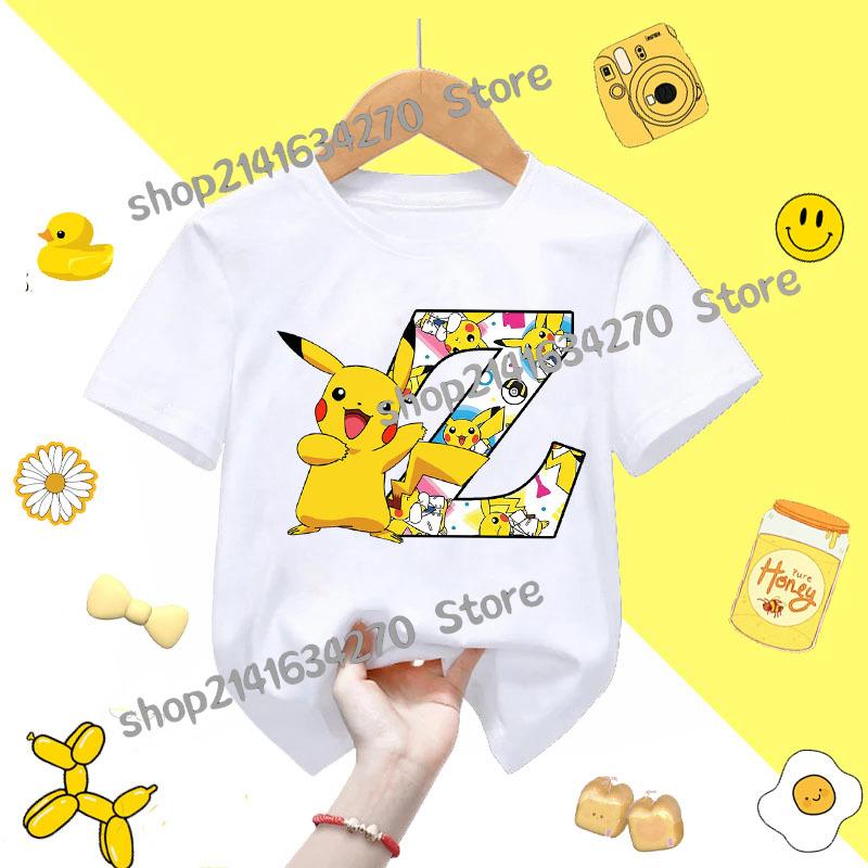 Short Sleeve Summer Tshirt Tops Cotton Tee for Pokemon Pikachu Anime AZ letters Printed Cute Clothing Children Casual Clothes