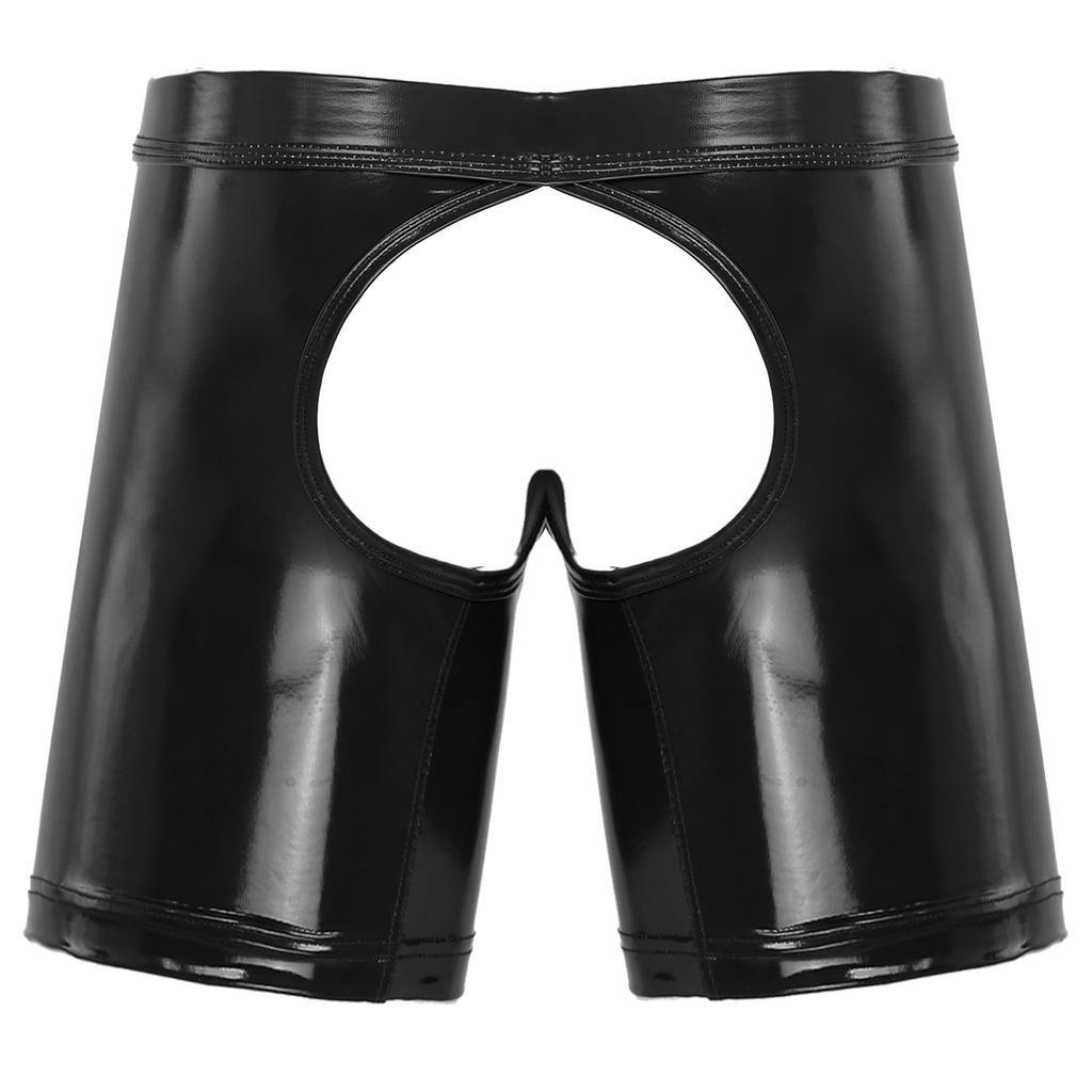 Men Underwear Shiny Metallic Latex Lingerie Erotic Open Butt Boxer Shorts Removable Bulge Pouch Shorts Underpant Boxer Underwear