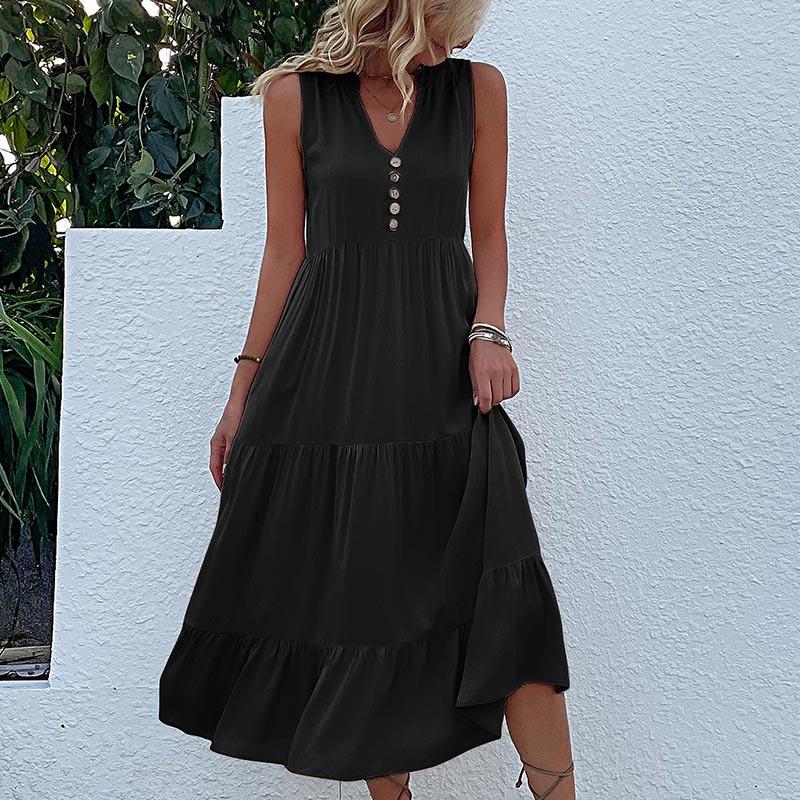 Sleeveless V Neck Casual Summer Women Dress Fashion Loose Elegant Office Ladies Dresses Layered Ruffled Solid A-line Female Dress 922