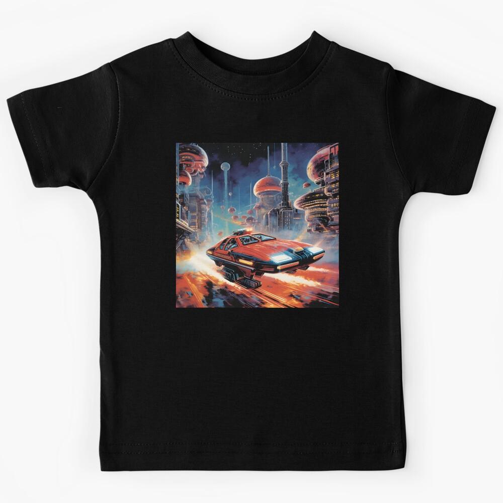 Retro Futuristic Flying Car Flies Over the City of the Future Kids T-Shirt
