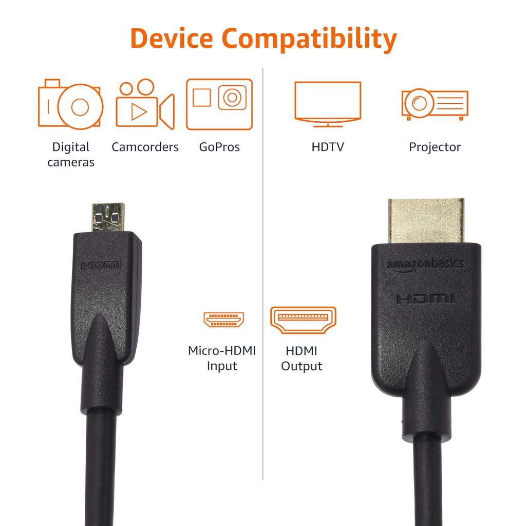 Кабель AmazonBasics Micro HDMI-HDMI, совместимый с Ethernet, 3D 4K HDR ARC, черный (4K@60Гц, 18Гбит/с) 1.8м