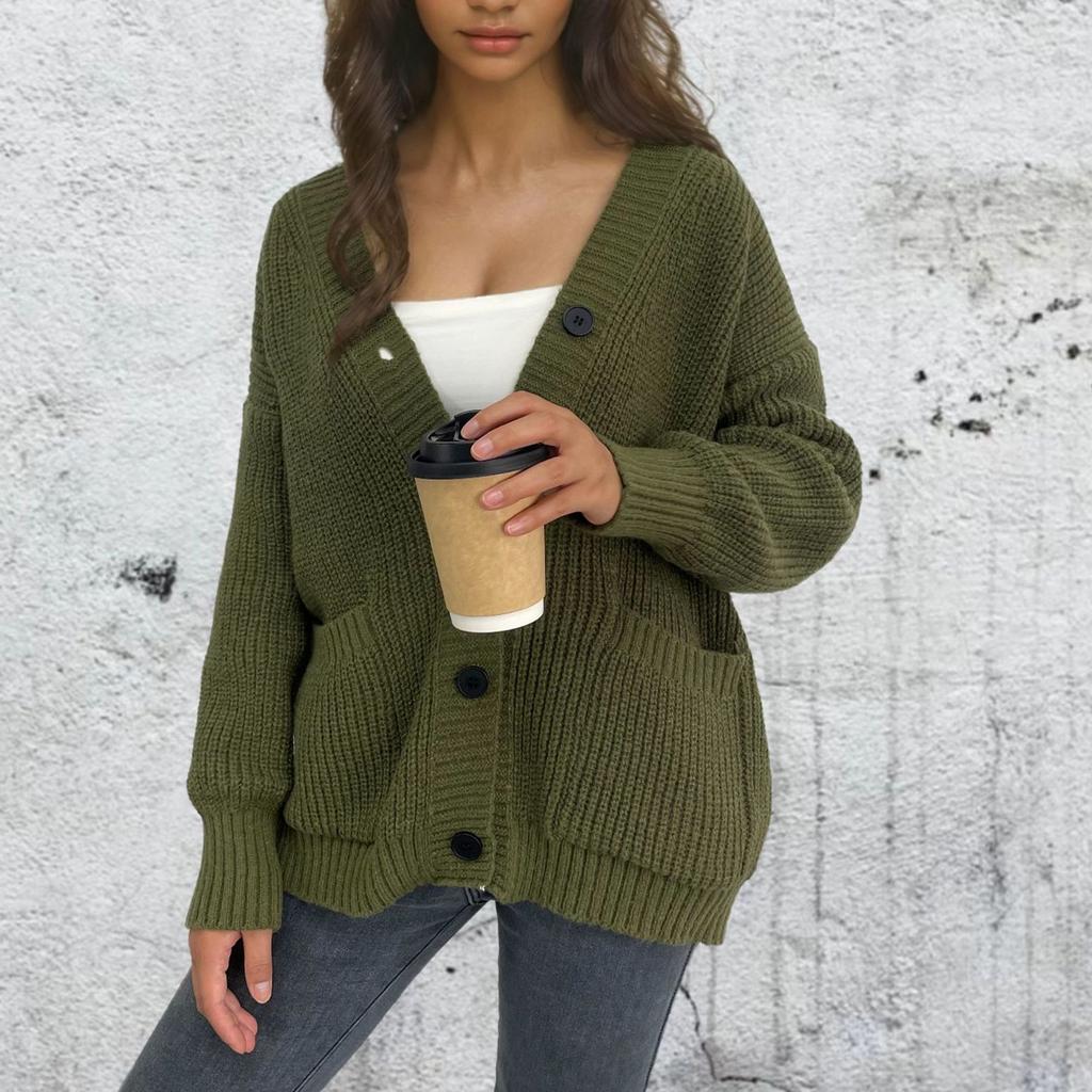 Женская мода однотонный вязаный кардиган с карманами на пуговицах пальто свитер