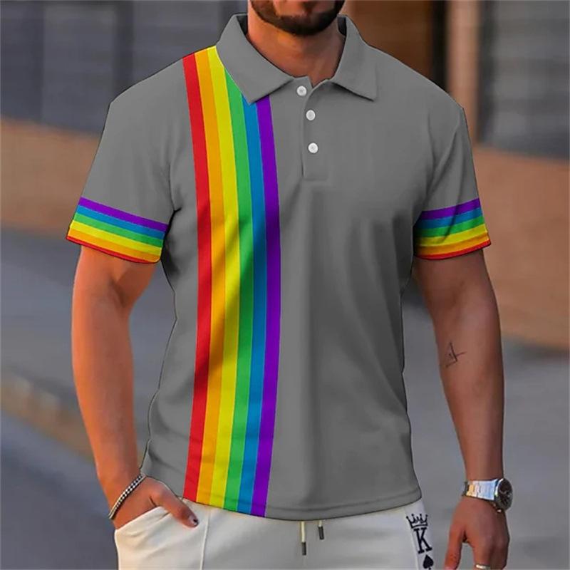 Casual short-sleeve polo with rainbow stripe details, trendy men's top.