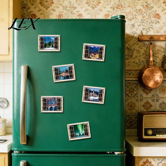 Landscape Picture Magnet 1/6Pcs Fake Window Fridge Magnet, Wooden Natural Scenery Refrigerator Nature View Magnetic Decoration for Kitchen Office