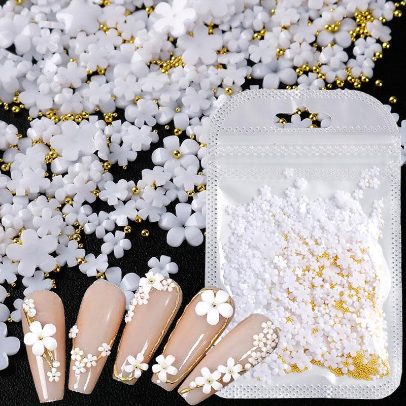 3D White Acrylic Flower Nail Art Decorations Mix Gold/Peal Beads 5G/Bag Resin Blossom Flower Nail Charms 4/6Mm Nail Accessories