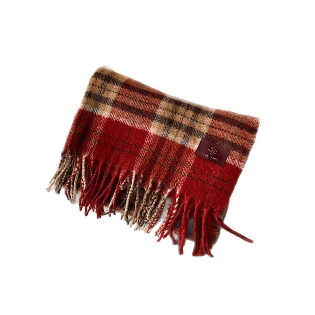 2025 New Year Red Plaid Faux Cashmere Scarf, Warm Shawl for Men and Women