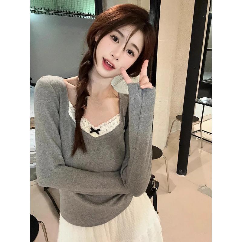 Кружевная лоскутная футболка с длинным рукавом для женщин, тонкие серые хлопковые футболки с бантом и v-образным вырезом, осенние повседневные милые милые топы Harajuku Y2k